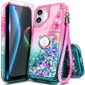 NGB Designed for iPhone 17 Case, Pink/Aqua | Glitter Liquid Sparkle Cute Phone Cover for Women Girls Kids | with Tempered Glass Screen Protector & Ring Holder & Wrist Strap Lanyard