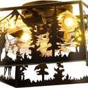 Farmhouse Caged Ceiling Fans with Lights and Remote Control,Rustic Black Chandelier Fan with Deer Design Square,Flush Mount Low Profile Fandelier for Bedroom,Dining Living Room,Foyer (D22.2 inch), Black