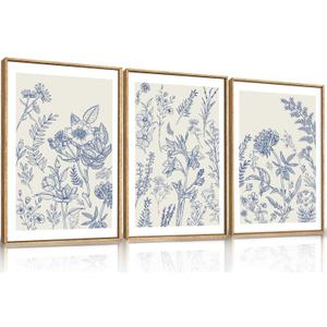 HPINUB Classic Chinoiserie Floral Framed Canvas Wall Art Set,Watercolor Blue and White Botanical Flowers Wall Decor,Navy Blue Minimalist Wildflower Art Print for Living Room,Bedroom,Office-24x36x3