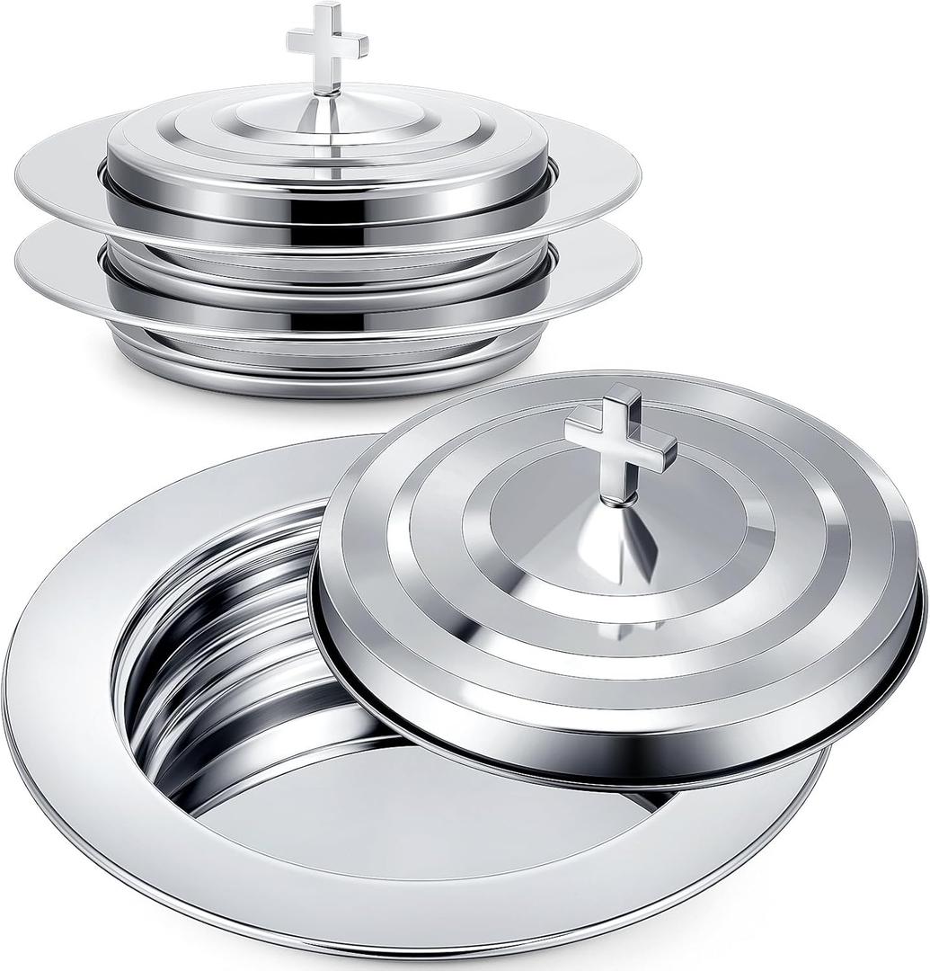Zhehao 2 Plates Silver Communion Set, Holy Trays with Lid, Stainless Steel Bread Tray Plates for Churches, Holy Communion Tray with Cover, Polished Church Supplies Ware Sets Zhehao 2 Plates Silver Communion Set, Holy Trays with Lid, Stainless Steel Bread Tray Plates for Churches, Holy Communion Tray with Cover, Polished Church Supplies Ware Sets