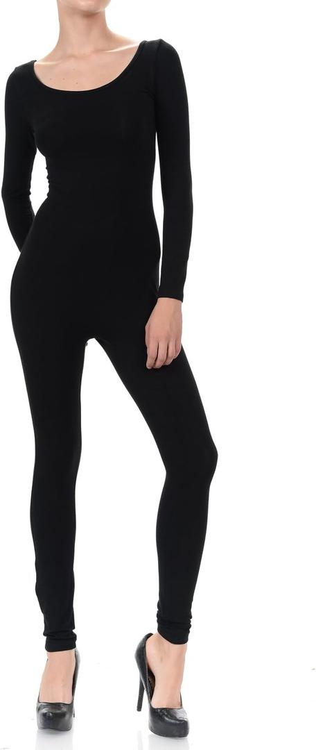 7Wins JJJ Women Catsuit Cotton Long Sleeve Yoga Bodysuit Jumpsuit/Made in USA (Large, Black)