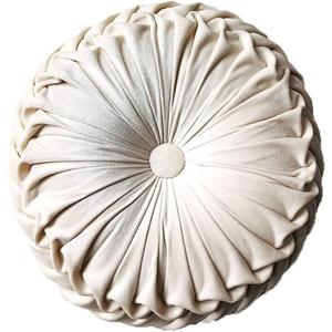 Round Throw Pillow Velvet Home Decoration Pleated Round Pillow Cushion for Couch Chair Bed Car Beige