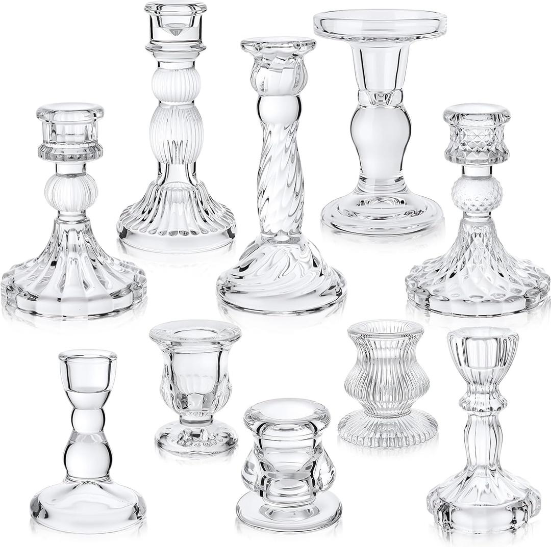Mumufy 10 Pcs Glass Crystal Taper Candle Holders Clear Glass Candlestick Holder Fit 0.8 Inch Candles Crystal Decorative Candle Stand Centerpiece Table Wedding Dining Party (Classic, Clear)
