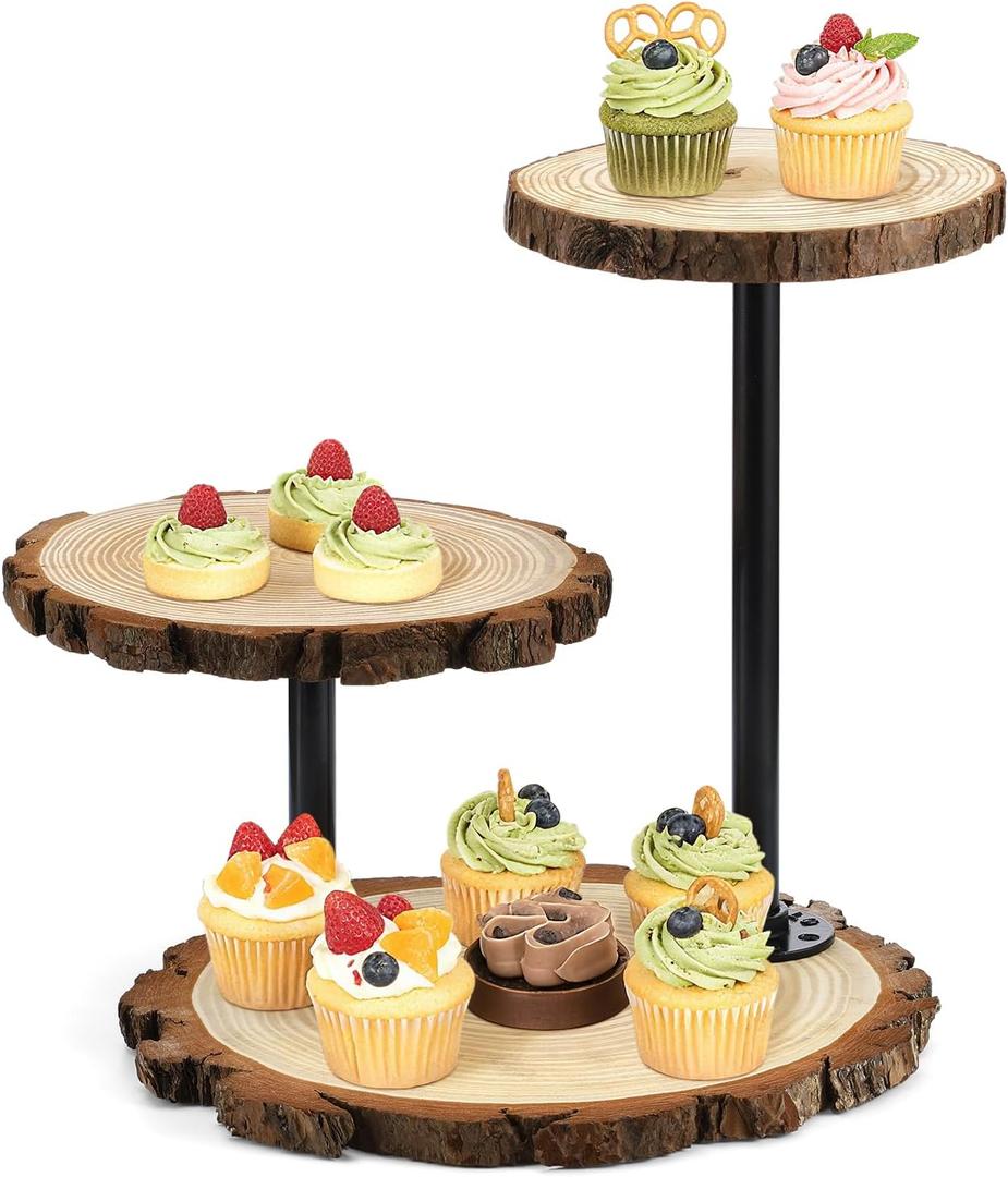 Chunful 3 Tier Round Natural Wood Cupcake Dessert Stand, Cup Cake Tower Stand Holder, Wooden Cake Display Tiered Centerpiece for Party, Birthday, Wedding, Baby Shower, Holiday Decoration