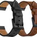LDFAS Leather Band Compatible for Fitbit Sense 2 /Versa 4 Bands, (2 Pack) Women Men Accessory Watch Strap with Black Metal Buckle Compatible for Fitbit Sense, Versa 3 Band, Brown+Black
