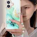 Compatible with iPhone 16 Plus Case for Women Girls, Slim Fit Girly Phone Case for iPhone 16 Plus with Butterfly Phone Charm Lanyard Wrist Strap, Shockproof Hard Case 6.7 Inch Marble Green