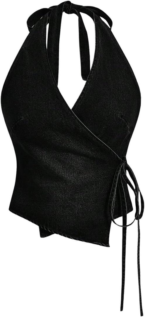 MakeMeChic Women's Halter Denim Top Summer Wrap Asymmetrical Backless Fitted Y2K Crop Tops Black X-Small