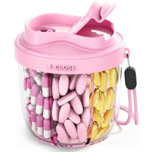 Cute Pill Organizer,Pill Dispenser with 7 Large Compartments,Portable Pill Bottle Box with Wide Opening for Easy Use, Anti-Mix Pills Organizer for Travel,Includes 20 Pcs Sticky LabelsPink