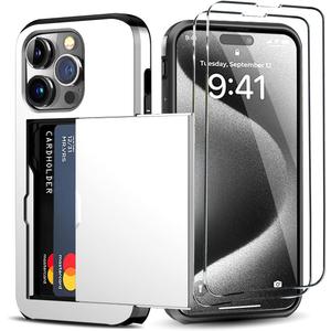 for iPhone 15 Pro Wallet Case with Card Holder + 2 Tempered Glass Screen Protector, Heavy Duty Protective Dual Layer Shockproof Hidden Card Slot Slim Case Women Men 6.1 inch (White)