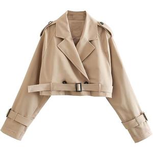 Womens Cropped Bike Jacket Casual Double Breasted Trench Coat with Belt Khaki  M