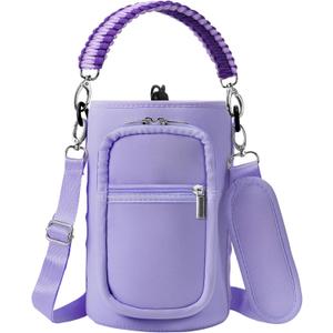 32/40/64/128 oz Neoprene Insulated Water Bottle Carrier Bag, Sling Bag Sleeve Pouch Holder with Strap & Paracord Handle and 2 Pocket for Travelling, Hiking, Camping (A5. Purple)