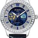 HUNRUY Mens Luxury Bling Diamond Tourbillon Automatic Leather Watches (Blue)