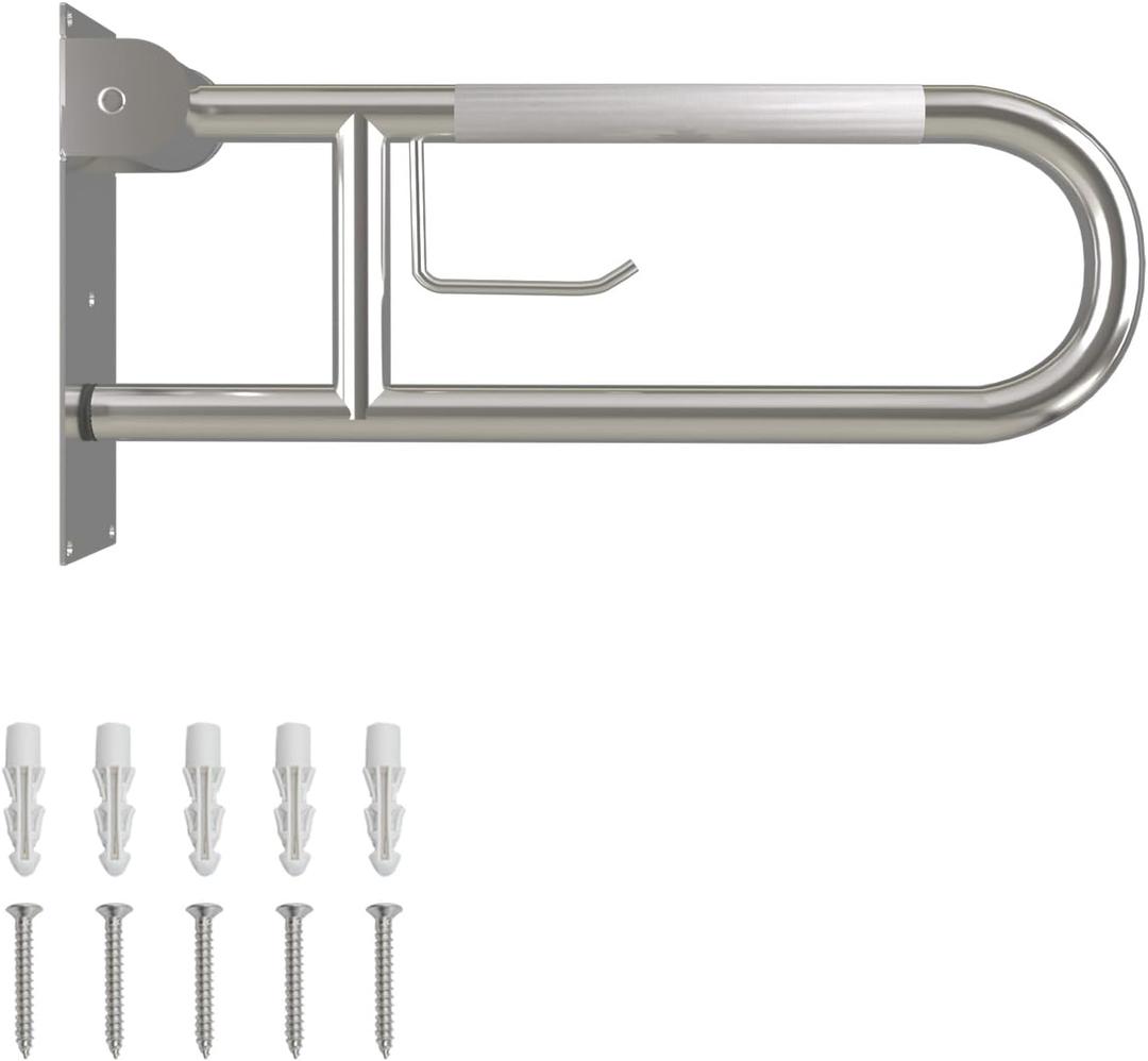 23 Inch Toilet Grab Bar, Flip Up Grab Bar with Paper Holder, Anti-Slip Safety Bars for Toilet, Stainless Steel Knurled Toilet Handles for Seniors Disabled Elderly Pregnant, Brushed Nickel