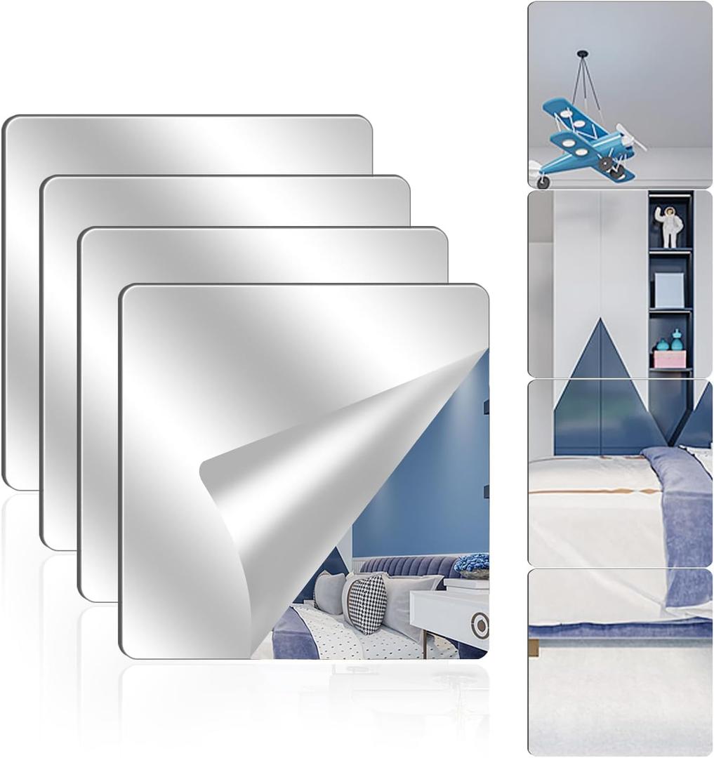 4 Pack Acrylic Mirrors for Wall,14 x 14 Inch Self Adhesive Frameless Small Mirror Tiles, Flexible Plastic Mirror Sheets for Bedroom Home Gym Door (14 * 14 inch)
