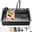 32" x 20" Waterfall Kitchen Sink with Protector Grid Dark Gray Stainless Steel Single Bowl Kitchen Sink with Pull Down Faucet & Multiple Accessories (32 x 20 IN)