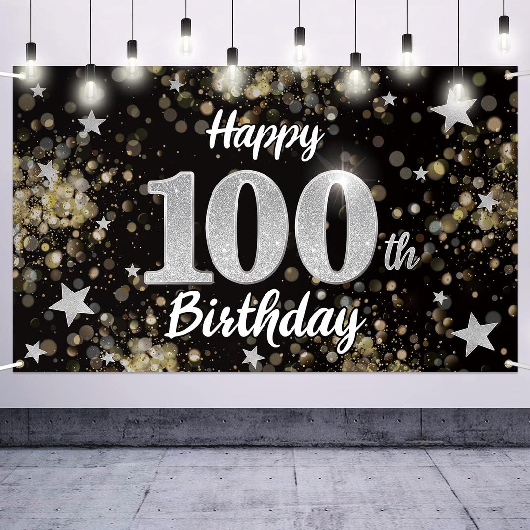 Happy 100th Birthday Decorations,100th Black & Silver Dream Star Large Birthday Banner Backdrop Sign - Cheers to 100 Years Old Bday Party Decoration.