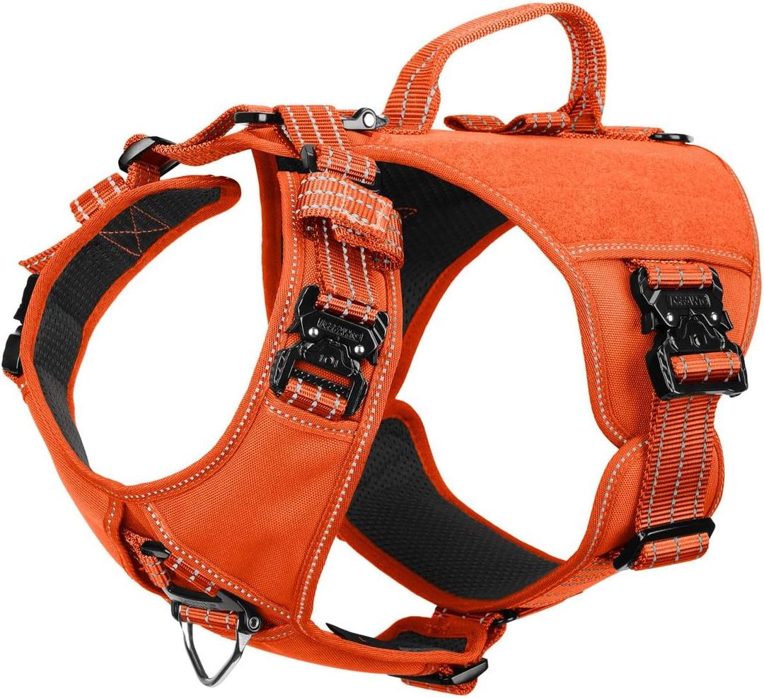 ICEFANG GN8 Tactical Dog Harness with 4X Metal Buckles for Medium Sized Dogs,Reflective in Training Walking K9 Vest,No-Pull Front Leash Clip,Adjustable Pet Harness (Orange, Medium (Pack of 1))
