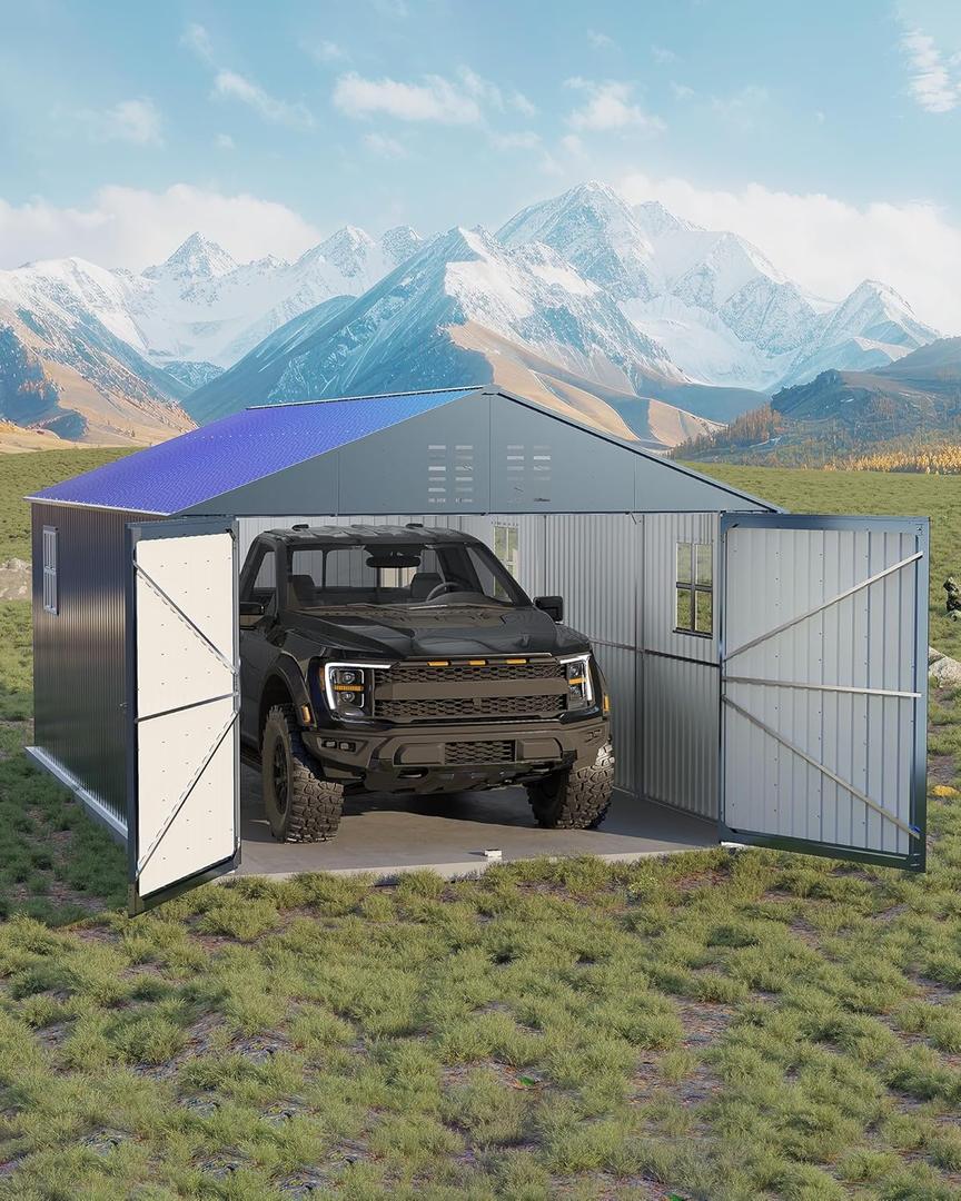 GarveeLife 12x20 FT Metal Carport, Enclosed Car Port with Reinforced Frame and Steel Roof for All-Weather Use, Metal Garage Shed for Full-Sized Pickup Trucks (Gray)