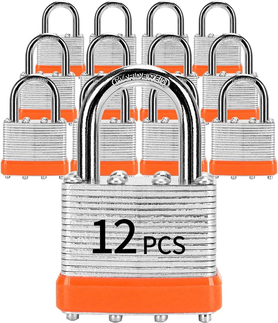 Padlocks with Same Key, LQYN 12 Pcs Laminated Keyed Padlock (1-9/16", 40mm), Keyed Alike Locks, Normal Shackle, for Storage Locker, Hasp Latch, Toolbox, Sheds (12 Pack Orange)