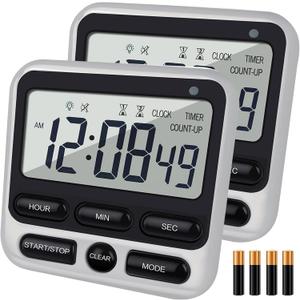 2 x 2-Pack Digital Dual Kitchen Timers with Magnet, 24-Hour Countdown & Stopwatch, Loud Alarm, 12/24H Clock, Calendar, Mute Mode, Visual Indicator, Batteries Included (Black)