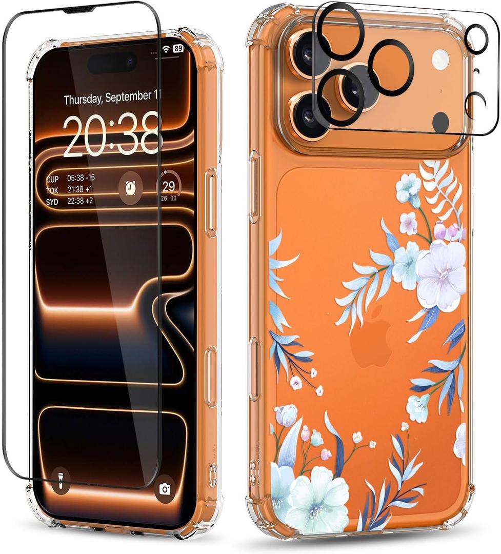 for iPhone 17 Pro Case,[3 in 1] with Screen Protector & Camera Lens Protector, Flower Pattern Design, Clear Soft Shockproof Slim Floral Phone Cover for Women Girls 2025 6.3" (Hibiscus)