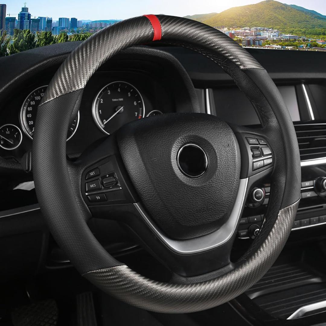 KAFEEK Classic Carbon Fiber Steering Wheel Cover, Universal 15 inch, Breathable Microfiber Leather, Gray (Standard size[14.5"-15"])