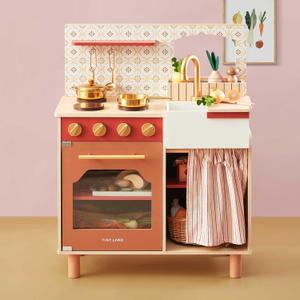 Tiny Land Play Kitchen for Toddlers, Wooden Kids Kitchen Playset with Cutting Food & Cookware, Oven, Clicking Knobs, Stove and Sink, Small Kitchen Toy Gift for 1-3 Year Old Kids, Girls - Warm Retro