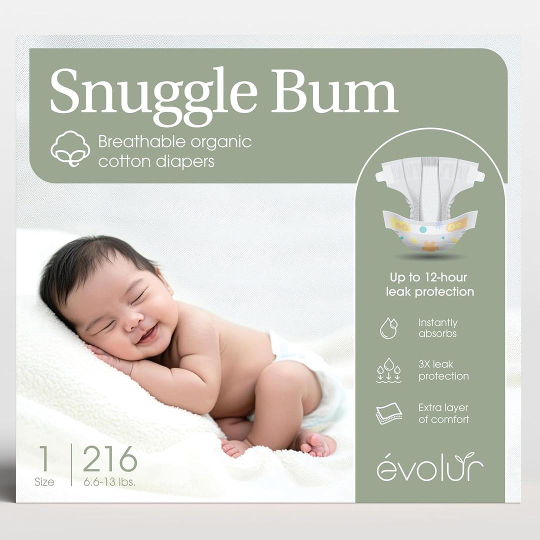 Evolur Snuggle Bum Baby Diapers - Size 1, 216 Count, for Newborns (6.6 lbs - 13 lbs), Ulta Absorbent Diapers Newborn Baby