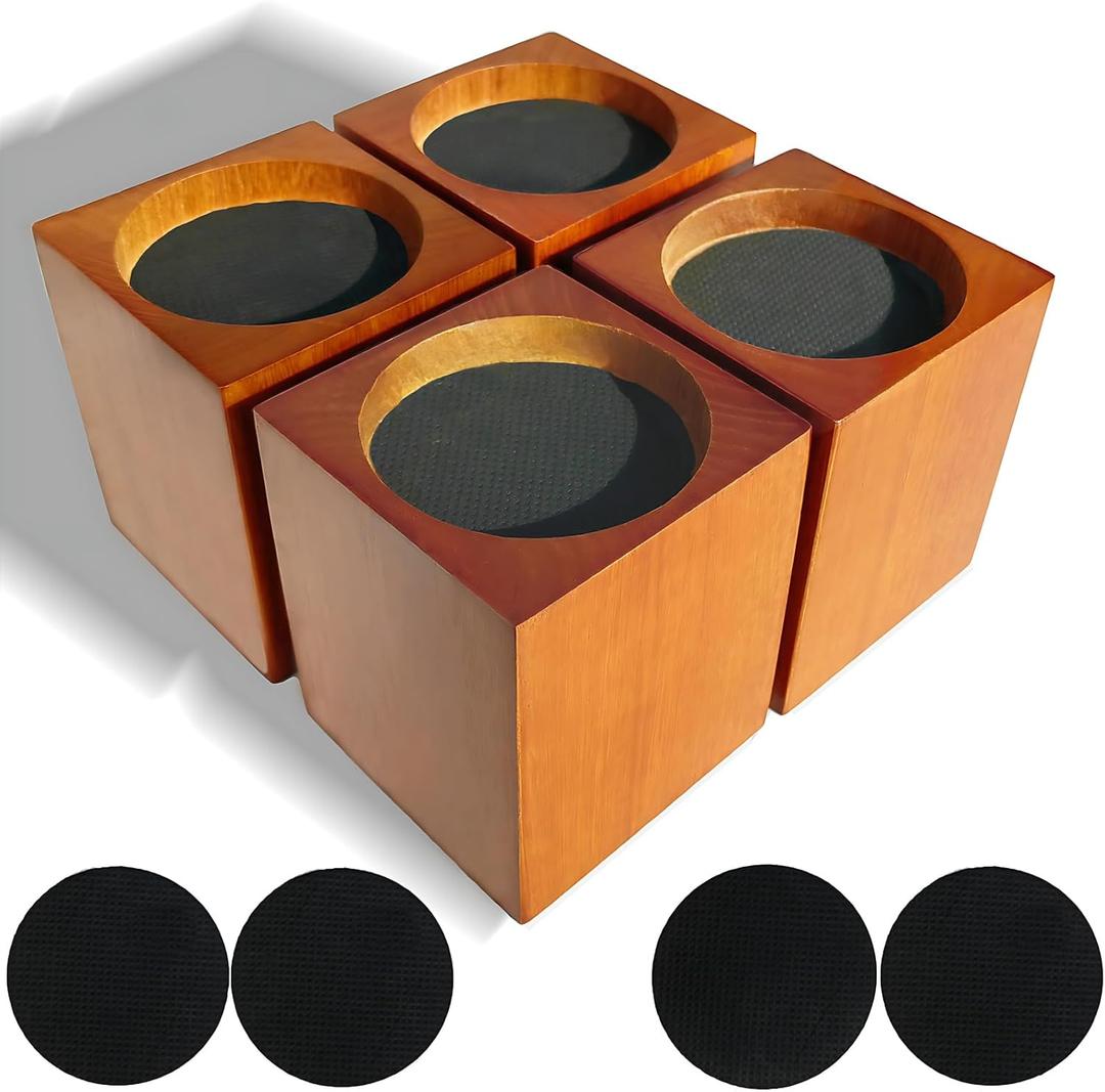 Wood Bed Furniture Risers 4 Inch Heavy Duty Risers, Supports up to 6,000 Lbs, for Sofa Couch Desk Chair Table Base Raising Space, Convenient Store and Cleaning, Pack of 4 Brown