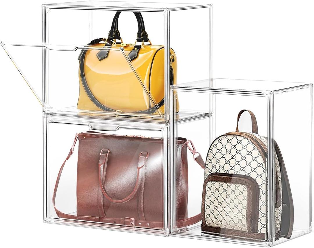 Extra Large Plastic Organizer for Handbag, Purse – Stackable Transparent Plastic Display Cases with Reinforced Door, Dustproof Closet for Purses, Handbags, Wallets, Cosmetics, Collectibles (3Pack)