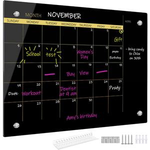 Okydoky Glass Dry Erase Whiteboard,Monthly Calendar Whiteboard,12" x 16",Frameless Glass White Board for Home,School,Office,Black Surface(GlassA-BK-3040)