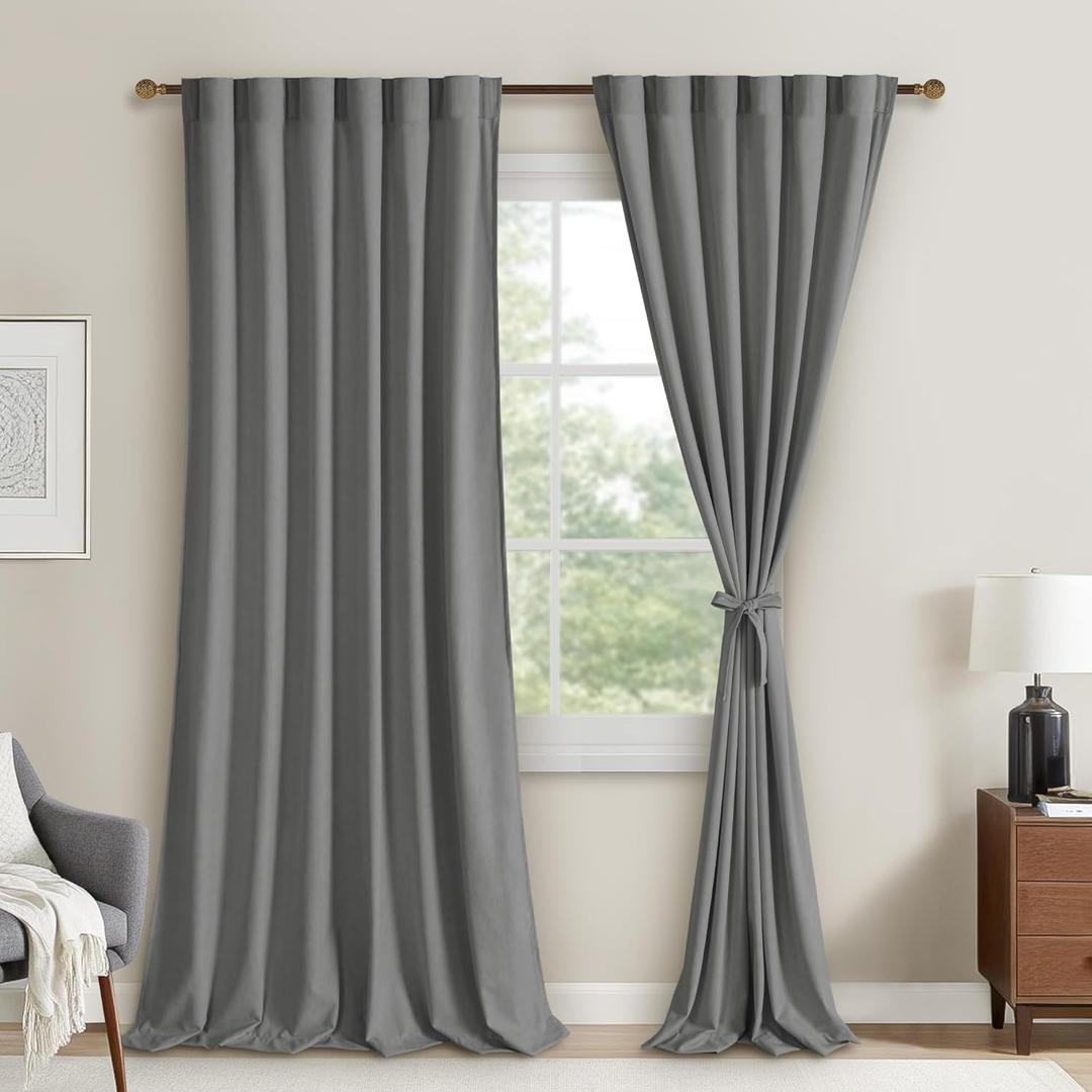 DWCN Grey Velvet Curtains 84 inches Long - Super Soft Tieable Rod Pocket and Back Tab Blackout Thermal Insulated Curtain Panels, Window Drapes for Living Room Bedroom,W52 x L84, 2 Panels