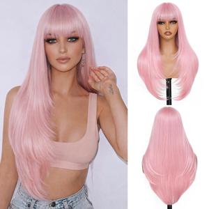 Pink Wig-Long Straight Wigs for Women,28 Inch Glueless Bang Wig Synthetic Hair,Light Pink Color Womens Wigs for Cosplay Party Halloween (Pink)