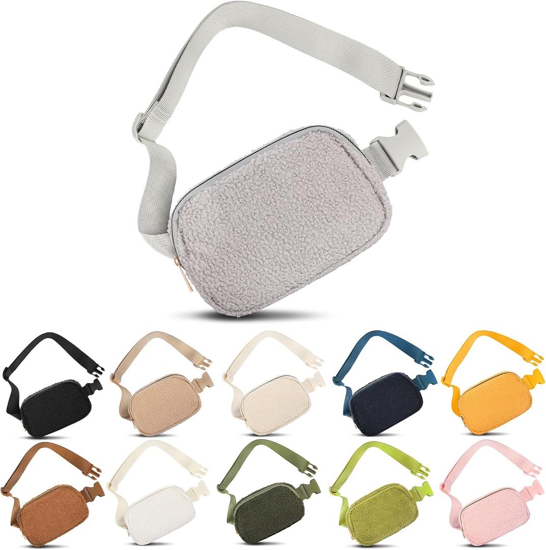 Fleece Belt Bag with Adjustable Strap for Women and Men Crossbody Fanny Bag Bum Bag, Waist Pack for Hiking Workout Sports Travel Light Grey