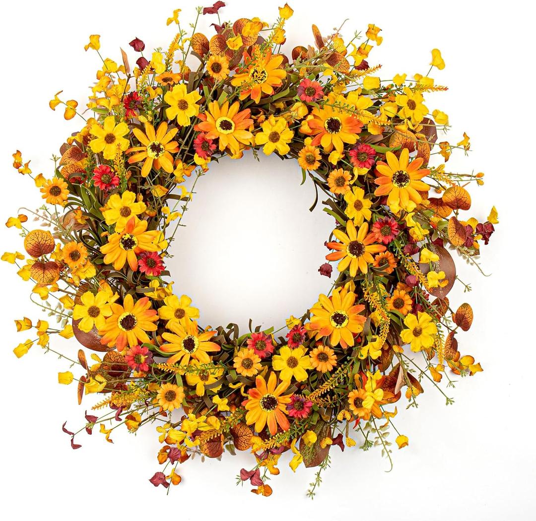VioletEverGarden Fall Wreaths for Front Door 22 Inch Artificial Fall Wreath Orange Autumn Wreath with Berries and Eucalyptus Leaves for Indoor Outdoor Thanksgiving Harvest Holiday Decorations