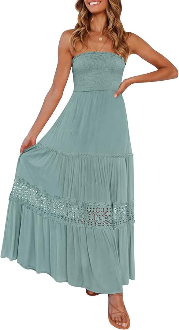 ZESICA Women's 2026 Summer Boho Maxi Dresses Strapless Off Shoulder Lace Flowy A Line Beach Vacation Long Sundress Sage, Large
