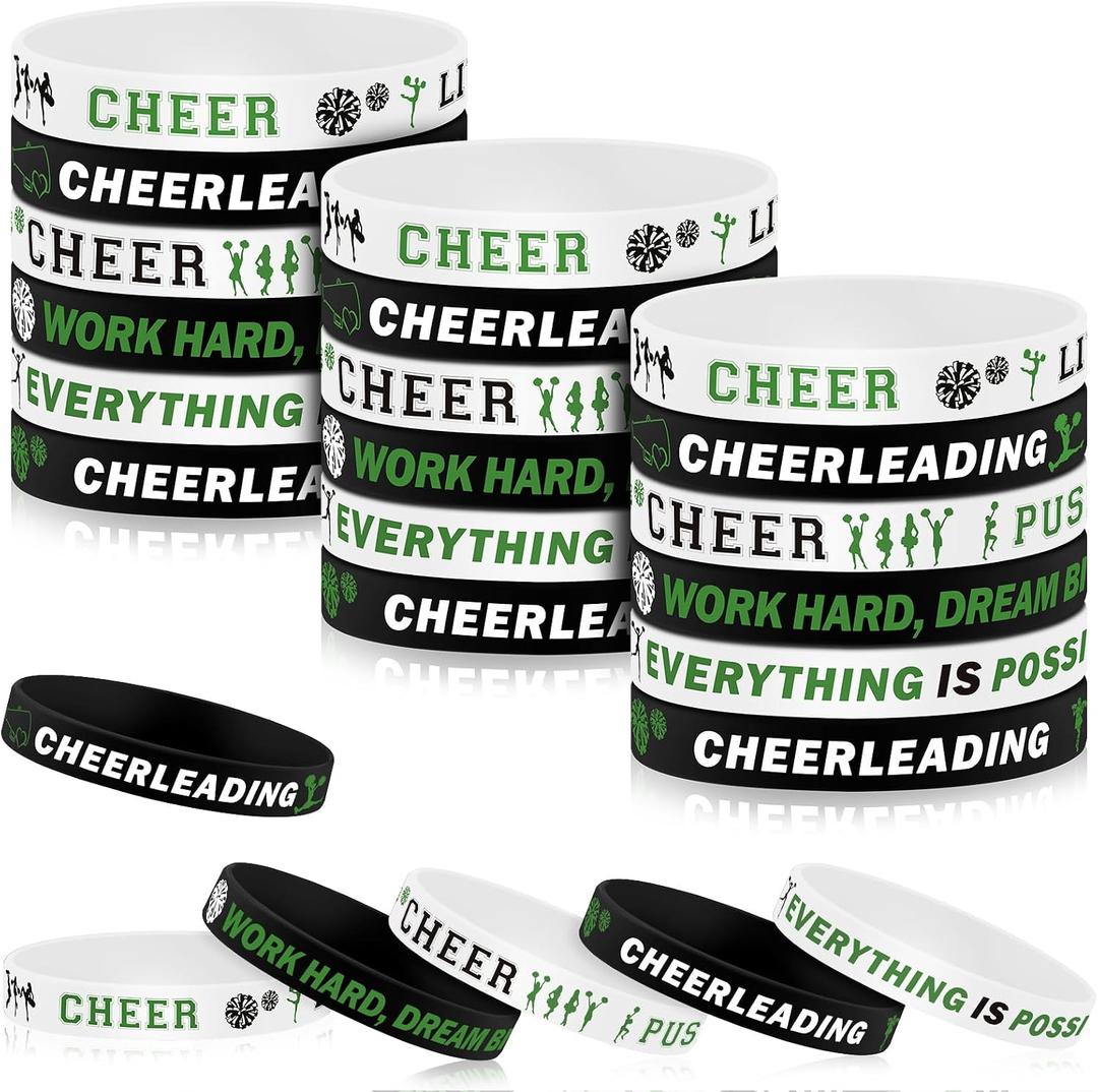Cunno 72 Pcs Cheer Bracelets Bulk Cheerleader Gifts Bulk for Team Inspirational Silicone Wristband for Women Team Stuff Jewelry Accessories(Green)