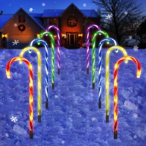 Candy Cane Outdoor Christmas Lights - 10 Pack 60 LEDs 21in Lighted Landscape Path Lights String with Memory Function 8 Flashing Modes End-to-End Plug in Waterproof Outside Xmas Decorations - Colorful
