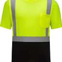 DPSAFETY High Visibility Shirts Quick Dry Safety T Shirts with Reflective Strips and Pocket Short Sleeve Mesh Hi Vis Construction Work Class 2 Shirt for Men/ Women Black Bottom Lime, XL