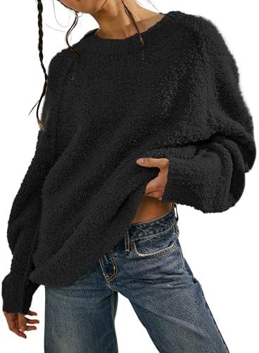 Beaully Women's Oversized Long Sleeve Crewneck Fuzzy Knit Warm Sweaters Fall Pullover Sweater Tops M