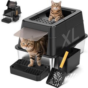 Stainless Steel Litter Box with Lid, XL Closed Metal Litter Box Modular Design with Flip Lid Fits All Cats, Extra Large Covered High Sided Cat Box, Scoop, Non-Sticky, Easy Cleaning (Black)
