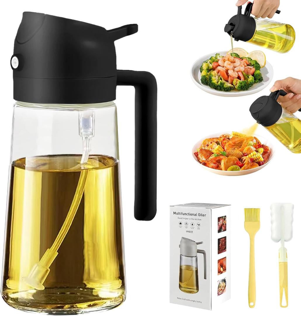 Oil Dispenser for Kitchen, 2 in 1 Olive Oil Sprayer, Olive Oil Dispenser Spray Bottle with Brush, Oil Sprayer for Cooking for Air Fryer, Barbecue, Salad 16oz/470ml (Black)