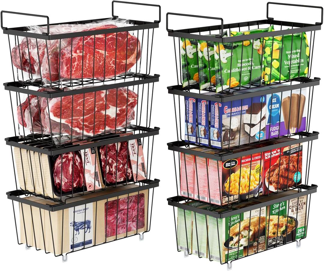 iSPECLE Deep Freezer Organizer Bins - Fits 7 Cu.Ft Chest Freezer, 8 Pack Stackable Wire Baskets(14.7" Length), Heavy Duty Coated Freezer Organizer, Rust Resistant for Frozen Food Sorting, Black