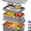 DaCool Adults Lunchbox Bento Box - 74 OZ All-in-One Stackable Lunch Box for Adults Men Women Teens Leakproof Bento Large Lunch Box Containers with Fork Spoon Sauce Box for Dining Out Work School,Grey