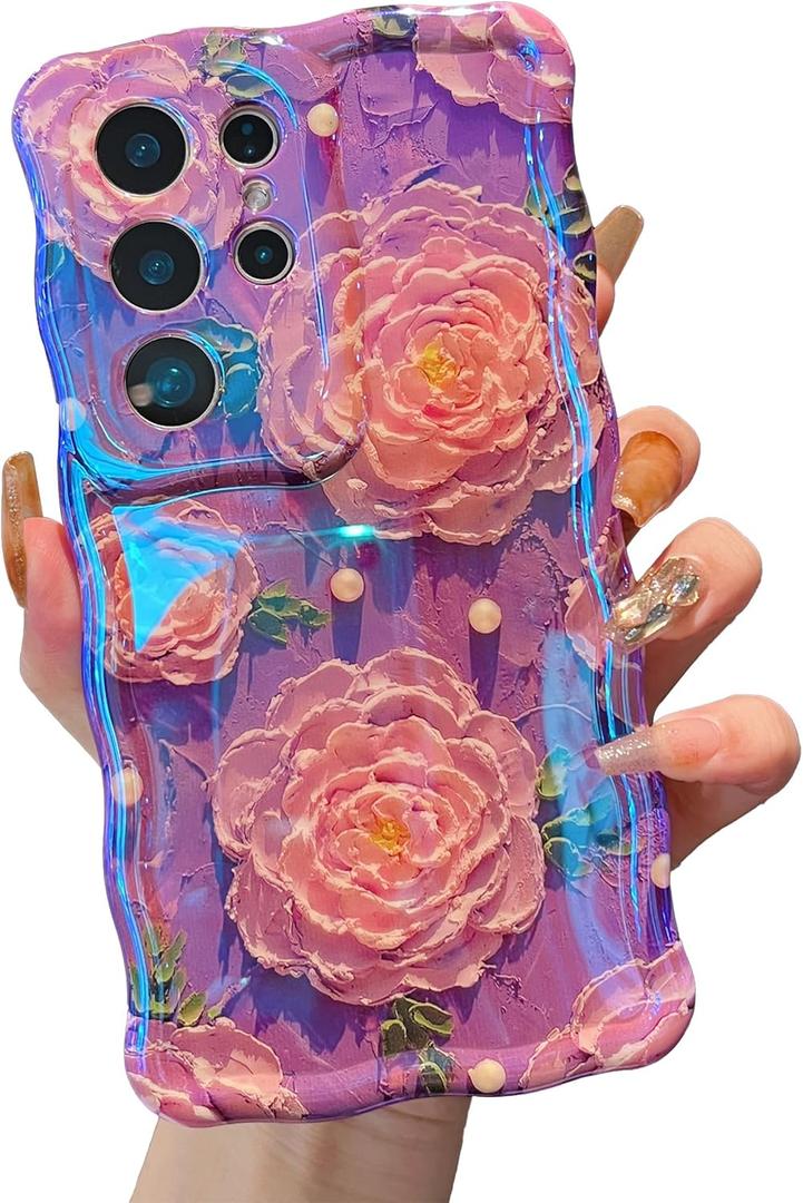XIZYO Case for Samsung Galaxy S24 Ultra, Colorful Retro Oil Painting Flower Cute Floral Aesthetic Curly Wave Frame Laser Glossy Reflective Exquisite Stylish Cover Girly Women-Peony/Purple