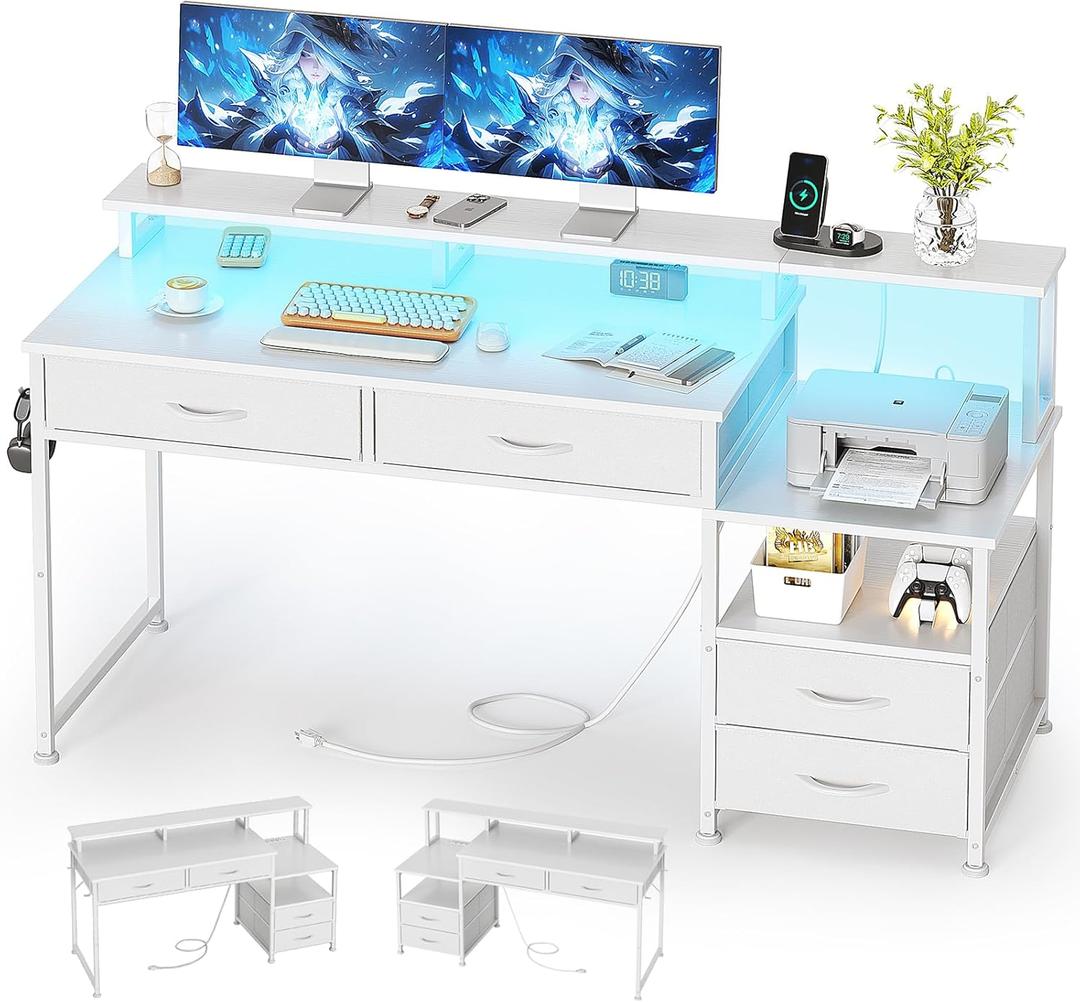 MUTUN 53" Computer Desk with 4 Drawers & Power Outlets, Reversible Home Office Desk with Monitor Stand & Printer Stand, Gaming Desk with Led Lights, Study Writing Work Desk Table for Bedroom (White)