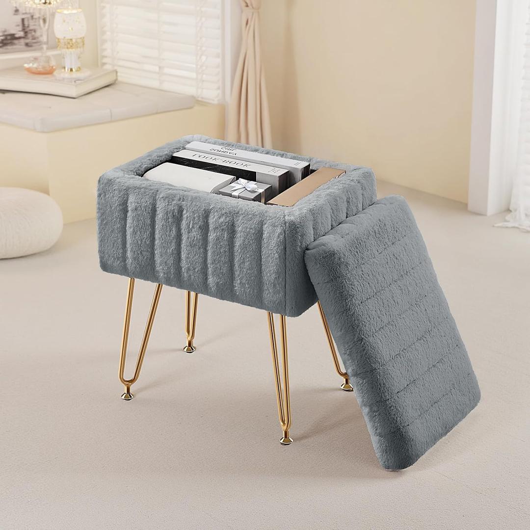 DUMOS Vanity Storage Ottoman Stool, Compact Faux Fur Footstool with Soft Seat, Modern Cute with 4 Metal Legs & Adjustable Feet for Bedroom, Living Room, Dressing Area & Dorm Grey, 12.25"D x 16"W x 19"H