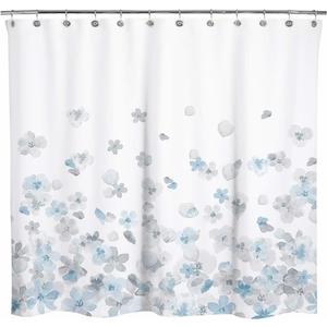 Sunlit Design Simple Style Blue and Gray Flower Blossoms Fabric Shower Curtains for Bathroom Decor with White Background, Machine Washable (71"W x 71"L (Pack of 1))