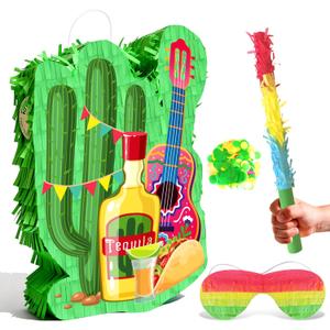 Mexican Cactus Piata, 4pcs Mexican Pinata Set Includes Cinco De Mayo Cactus Pinata Blindfold Mexican Piata Stick etc Mexican Fiesta Decorations Mexican Party Decorations