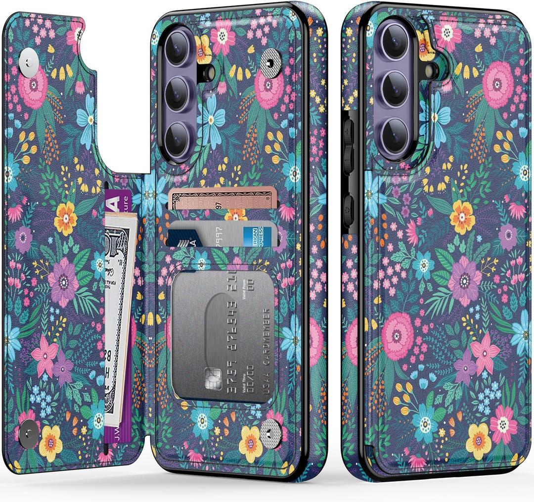 Goodon for Samsung Galaxy S25 Case Wallet - Flip Folio Leather Cover with Trendy Floral Design, 3 Card Slots & Kickstand Function, Protective Phone Case for Women and Girls - Cute Blooming Flowers